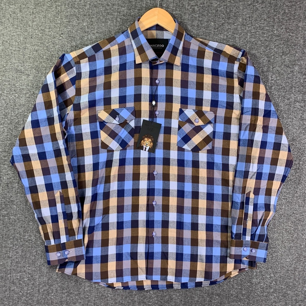 Maceoo Shirt Men Extra Large Fibonacci Flannel Check Brown Lion Face NEW